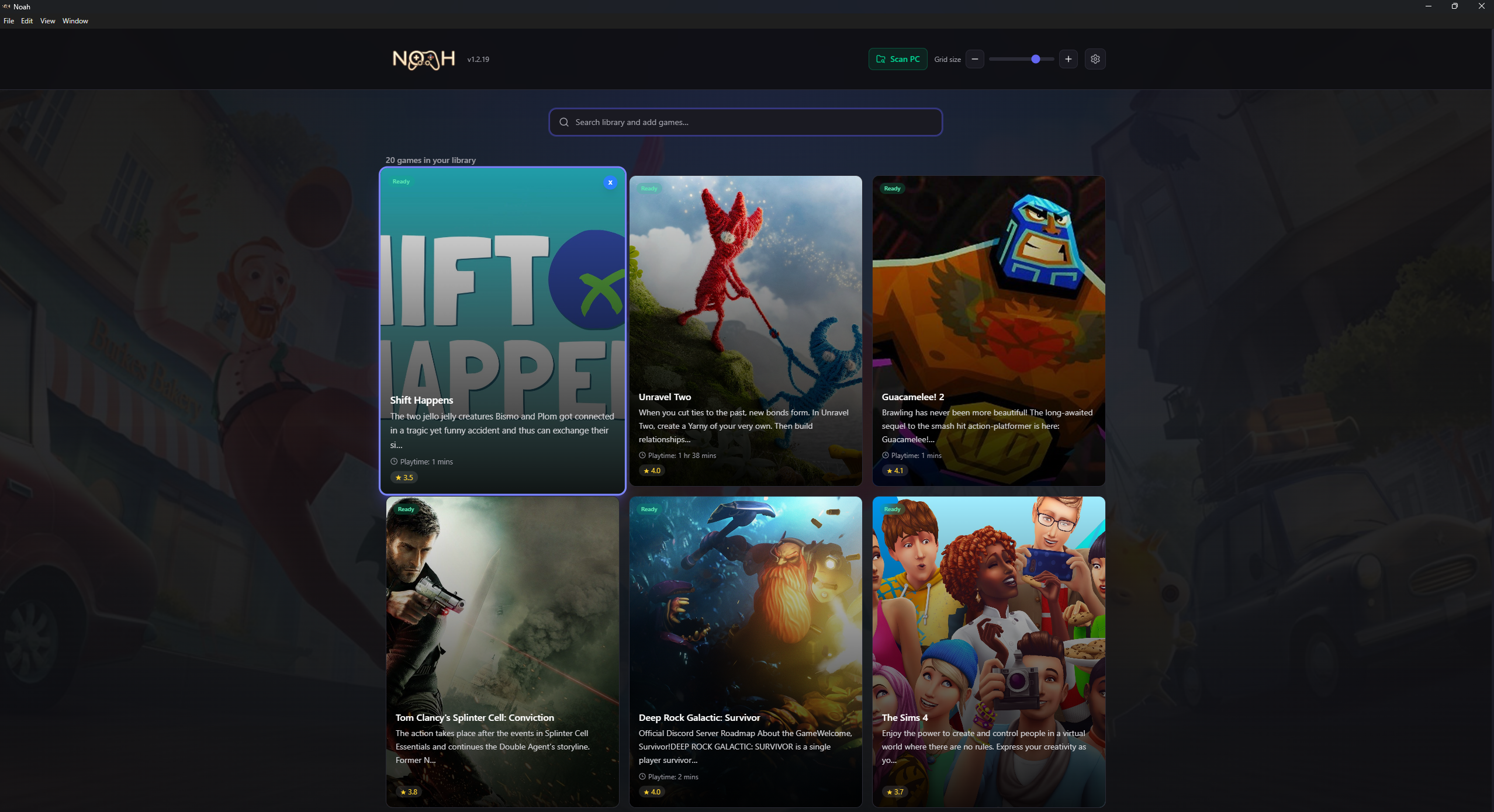 Noah game library home screen with unified PC games
